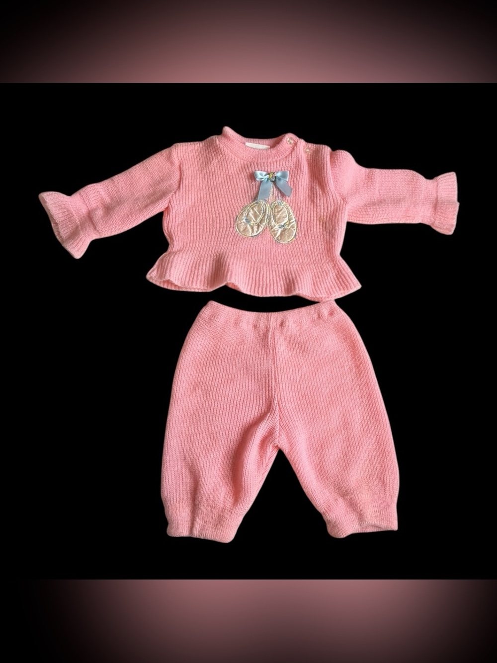 VTG 1980s Doe Spun Baby Girl Pink Knit Sweater Set 3-6 Months Ballet Slippers